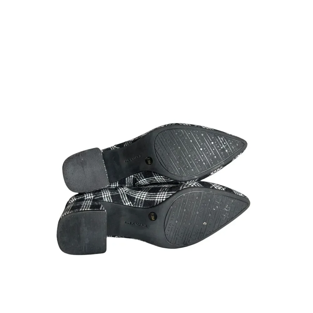 Alex Marie Black & White Plaid Low Block Heel Fall Boots Almond Toe Size 7.5